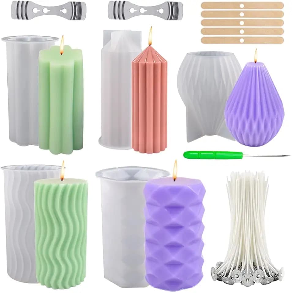 5Pcs Silikon Kerzenform Kit, 3D Silikonform Kerzen-Gießen Formen und Kerzendocht Set, Zylinder Kerzenformen zum Gießen als Heimdekorationen, Bastel Ornamente, DIY Duftkerze