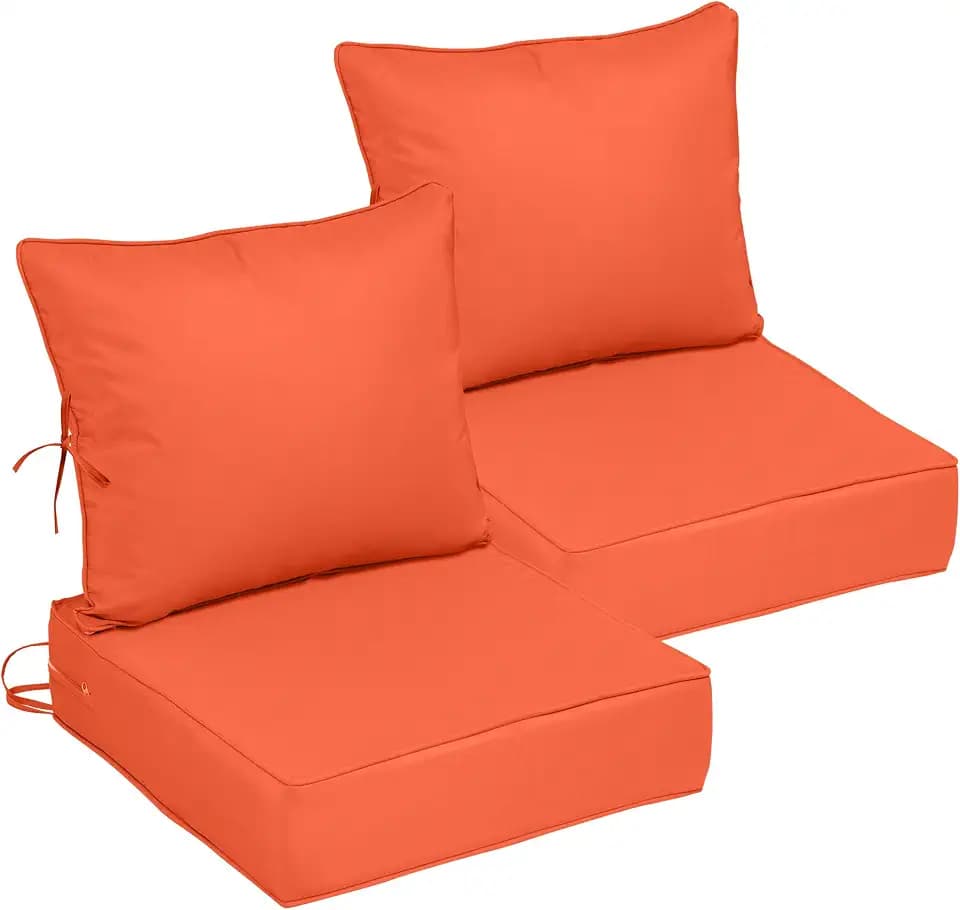 24x24 Outdoor Chair Cushions Set of 2, Waterproof Deep Seat Cushions for Patio Furniture with Removable Cover, Fade Resistant 4'' Outdoor Seat Cushion with Ties Handle for Wicker Sofa Couch, Orange