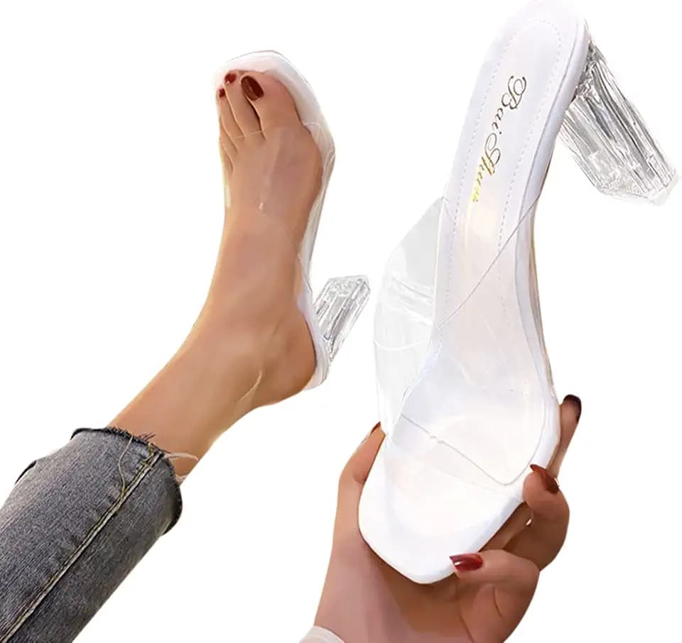 ZBYY Womens Clear Open Toe High Block Chunky Slip on Dress Heel Sandals Fashion Transparent Chunky Heeled Summer Sandals
