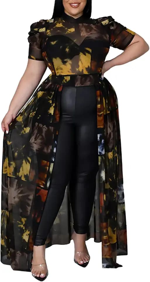 Atyfuniby Plus Size High Low Tunic Dress Mesh Puff Sleeve Blouse