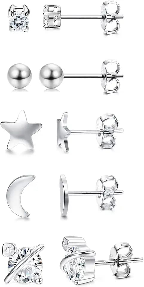 Sllaiss 5 Paare Ohrstecker Silber 925 für Damen Herren Zirkonia Ohrstecker Kleiner Mond Kosmischer Stern Ball Glänzende Zarte Niedliche Weißgold Silber 925 Ohrringe Set