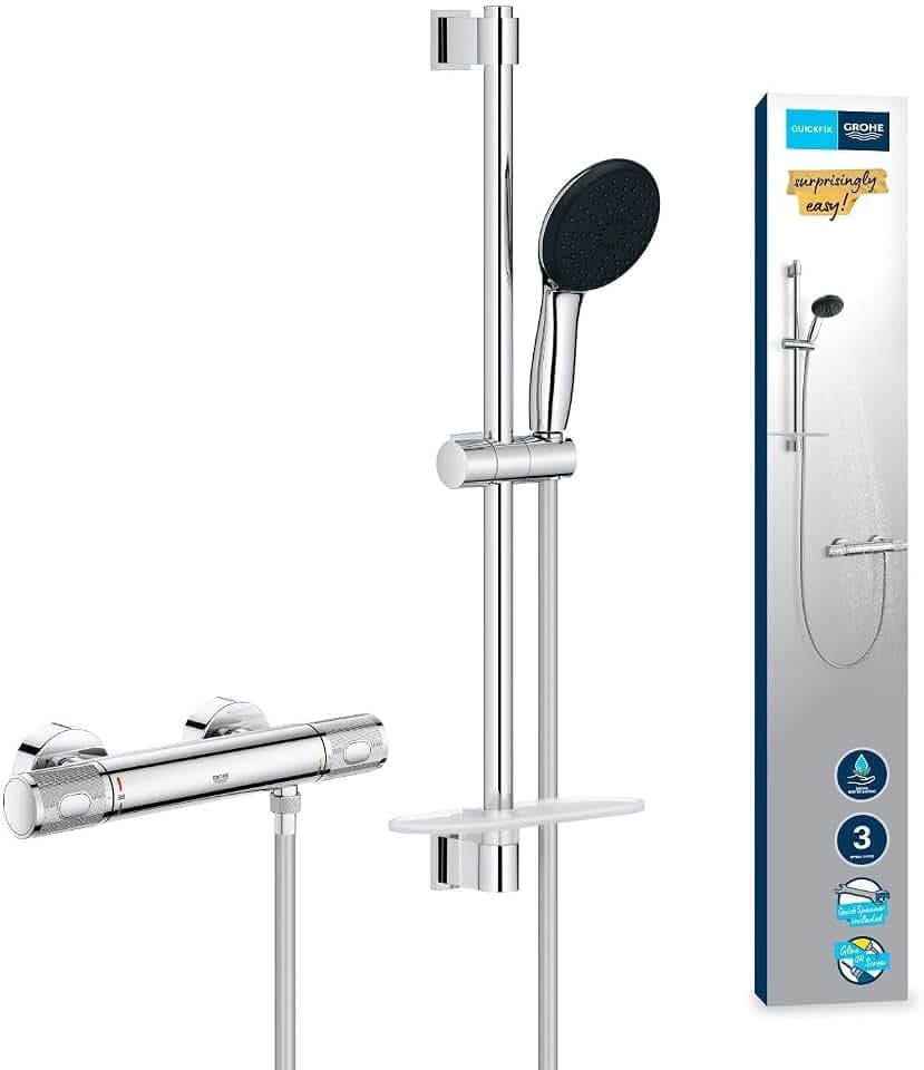 GROHE Precision Feel, Duschset mit Thermostat wassersparend, 8l pro Min (Duscharmatur hält Temperatur konstant, Duschkopf 3 Strahlarten, 1,75m Schlauch, Duschstange 60cm, 3in1 Tool), chrom, 34791001