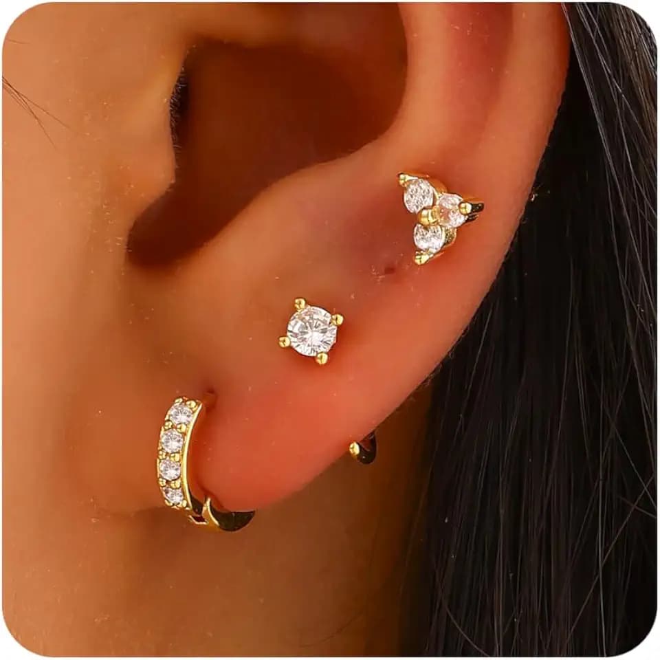 Gold Earrings for Women, 3 Pairs 14K Gold Plated Hoop Earring Sets for Women Small Gold Huggie Earrings Sets for Multiple Piercing, Hypoallergenic Dainty CZ Cartilage Earrings Stacks Trendy Jewelry Gifts
