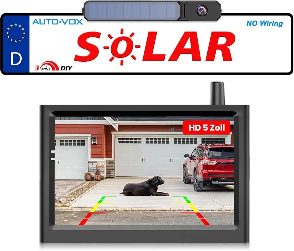 AUTO-VOX Solar Rückfahrkamera Kabellos: 3 Mins DIY Installation HD Rückfahrkamera Funk mit 5" Monitor, Stabilem Digitalem Signal, IP69K Wasserdicht Auto Rückfahrkameras für LKW, Wohnmobil, Pkw, SUV