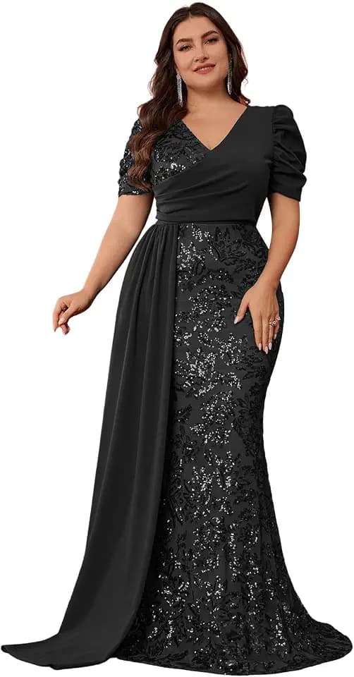 Elegant Women’s Formal Dress Wedding Guest Puff Sleeve Mermaid Ball Gowns Court Train Plus Size Sequin Long Dresses