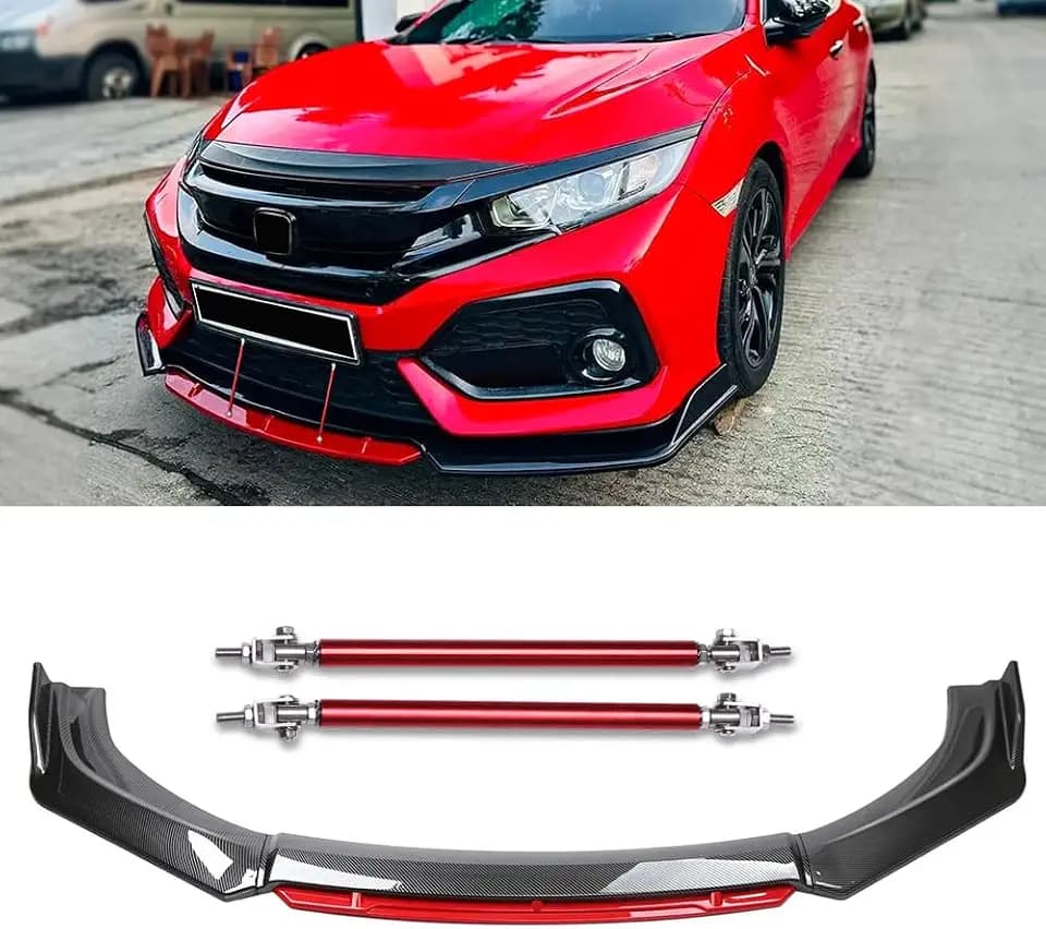 4PCS Universal Car Front Bumper Lip Body Kit Splitter Spoiler Diffuser Protector with Adjustable 8"-11" Support Splitter Rods (Red) - Carbon Fibre,Red Tongue