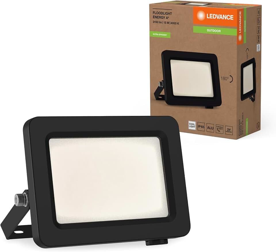 LEDVANCE LED-Flutlicht mit Energieeffizienzklasse A, schwarzes Aluminiumgehäuse, 15 W, 2600 lm, für Außenanwendungen, kompaktes Design, leichtes Gewicht, einfache Montage