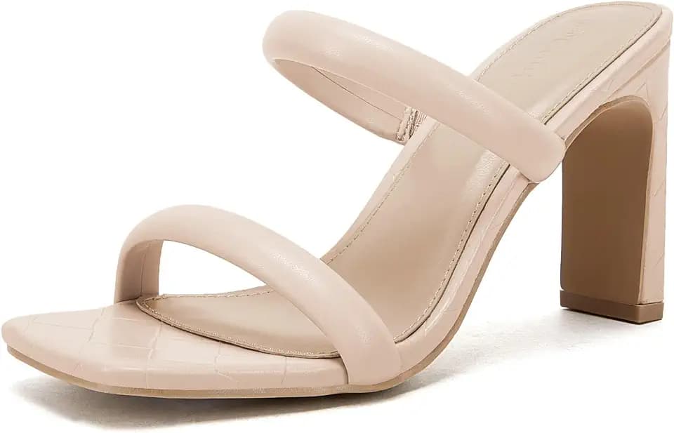 Coutgo Womens Heels Sandals Open Square Toe Two Strap Chunky High Heel Mule Sandal Comfortable Summer Dressy Shoes