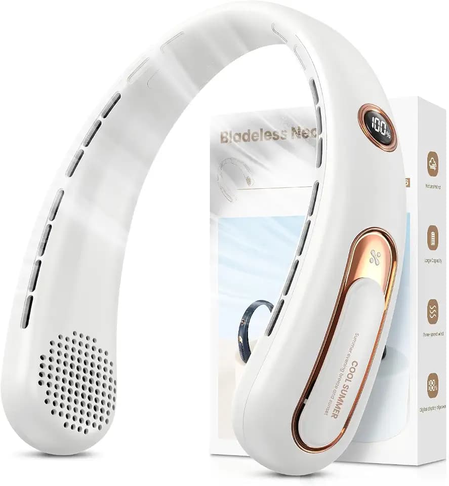 Nackenventilator, 3 Stufen Leise und Leistungsstark Bladeless Halsventilator mit LED-Anzeige, 4000mAh Akku Ventilator USB Aufladbar für 15H, Freihändige Leicht Ventilator Tragbarer für Küche,Unterwegs
