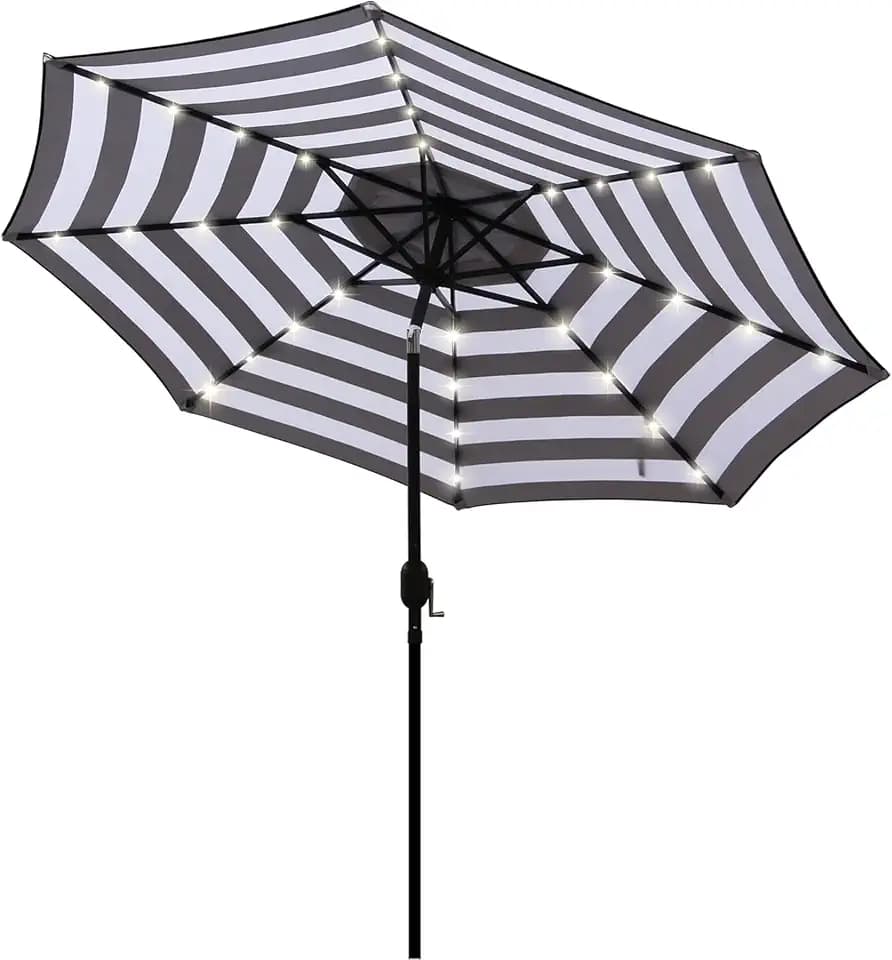Blissun 9 ft Solar Umbrella 32 LED Lighted Patio Umbrella Table Market Umbrella with Tilt and Crank Outdoor Umbrella for Garden, Deck, Backyard, Pool and Beach (Black and White)