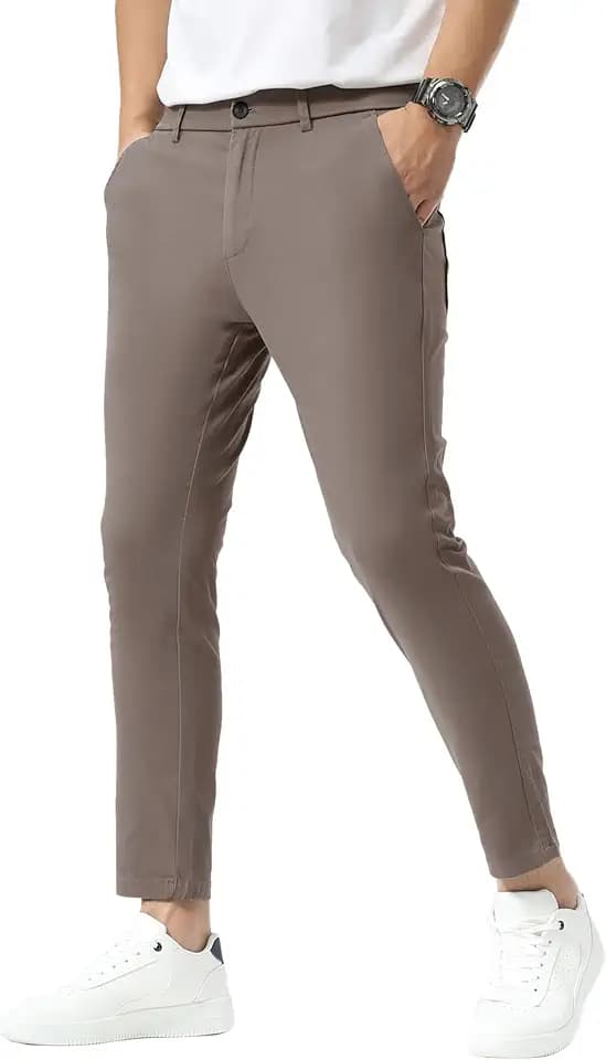 Plaid&Plain Men's Khaki Pants Slim Fit Stretch Cropped Chino Skinny Pants