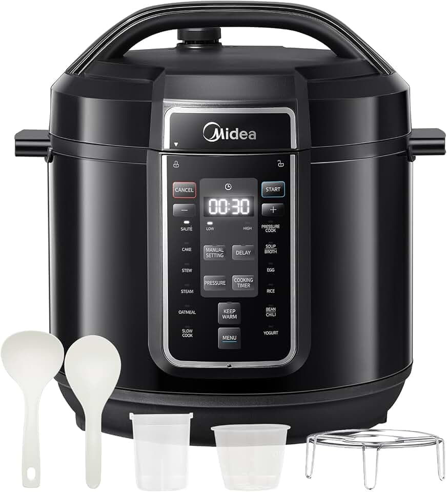 Midea Elektrischer Schnellkochtopf 9-in-1, 8L Multikocher 12 Voreinstellungen Instant, Joghurtbereiter, Reiskocher, Slow Cooker, Sous Vide, Dampfgarer, Nudelkocher, Edelstahl Innentopf, Schwarz