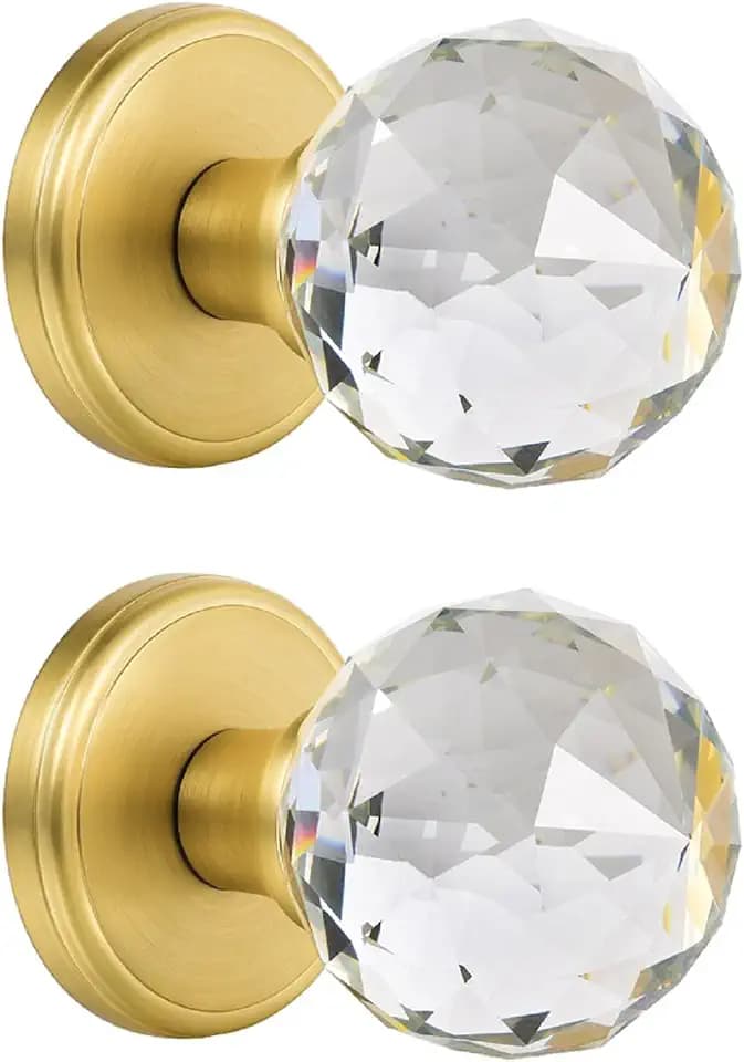 2 Pack Crystal Glass Dummy Door Knobs, Inactive Round Half-Dummy Door Knob Set, Single Side, Satin Brass