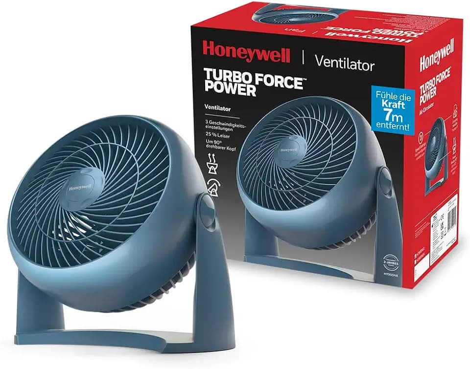 Honeywell TurboForce Turbo-Ventilator - blau Ausführung (Geräuscharme Kühlung, verstellbarer Neigungswinkel bis zu 90°, 3 Geschwindigkeitseinstellungen, Wandmontage, Tischventilator) HT900NE4