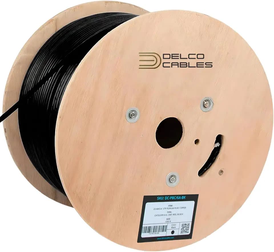 Cat6A Plenum Cable 1000ft | ETL Listed | Twisted Pairs | 23AWG Solid Bare Copper | 750MHz High-Speed Ethernet | Wooden Reel | Fire Retardant CMP (Cat6A Plenum Unshielded, Black, 1000ft)