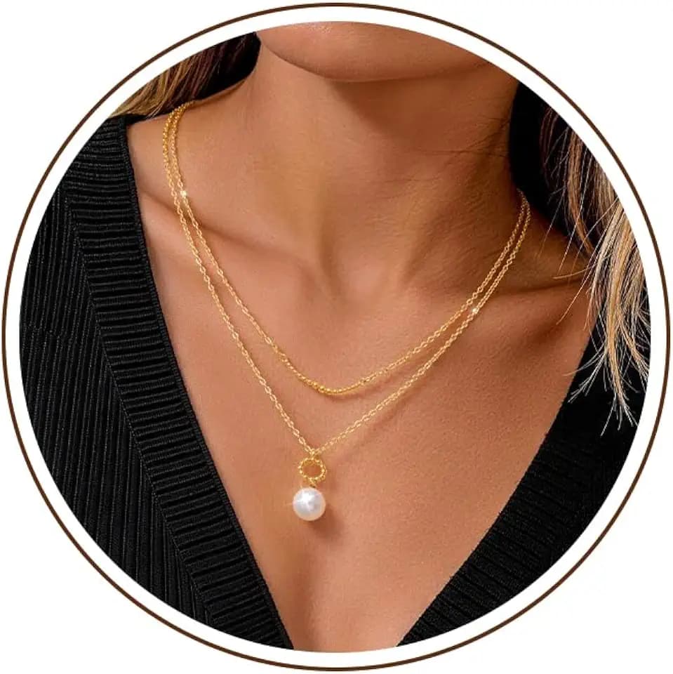 Gold Pearl Necklaces for Women,14k Gold/Silver Plated Layered Dainty Pearls Pendant Choker Elegantes Simple Bead Chain Charm Necklace Everyday Prom Jewelry Gifts