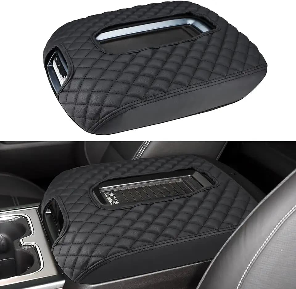 INTGET Center Console Armrest Cover for Chevy Silverado & GMC Sierra Accessories 2014 2015 2016 2017 2018,Leather Arm Rest Box Lid Protector (Black Pad, Bucket Seat 2014-2018 Silverado/Sierra etc.)