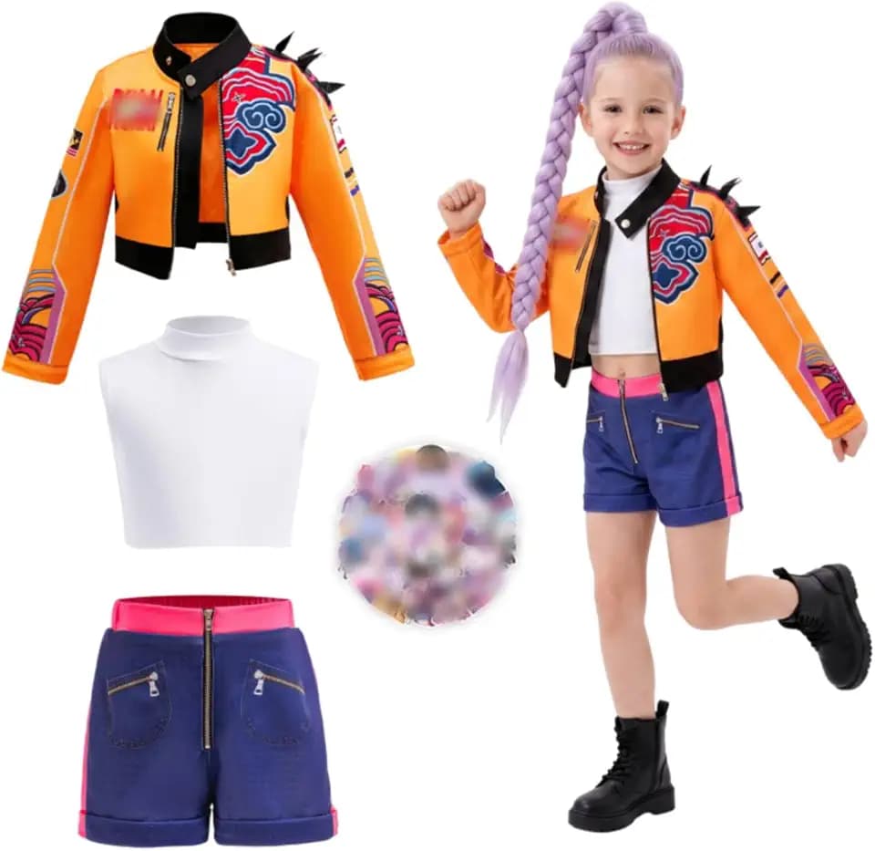Kinder Cosplay Kostüm, Mädchen Verkleidungs mit Oberteil Jacke Hose 74Pcs Aufkleber, Kinder Pop Cosplay Themen Kostüme, Halloween Karneval Maskenball Verkleidung Dress Up Party für Mädchen