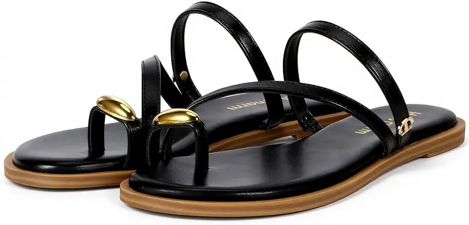 Women’s Flat Sandals Metal Toe Ring Slip On Sandals Round Open Toe Slide Sandals Flip Flop Thong Sandals Daily Casual Summer Beach Sandals Shoes