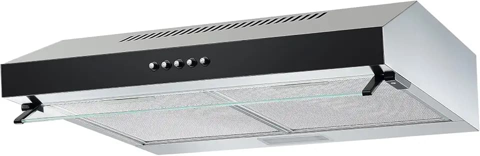 Respekta Dunstabzugshaube unterbau/Unterbau-Dunstabzugshaube 60 cm/Metallgehäuse mit Glasfront in Schwarz/Abluft - und Umluftfunktion / CH16060SGB / B / 60 – 68 dB