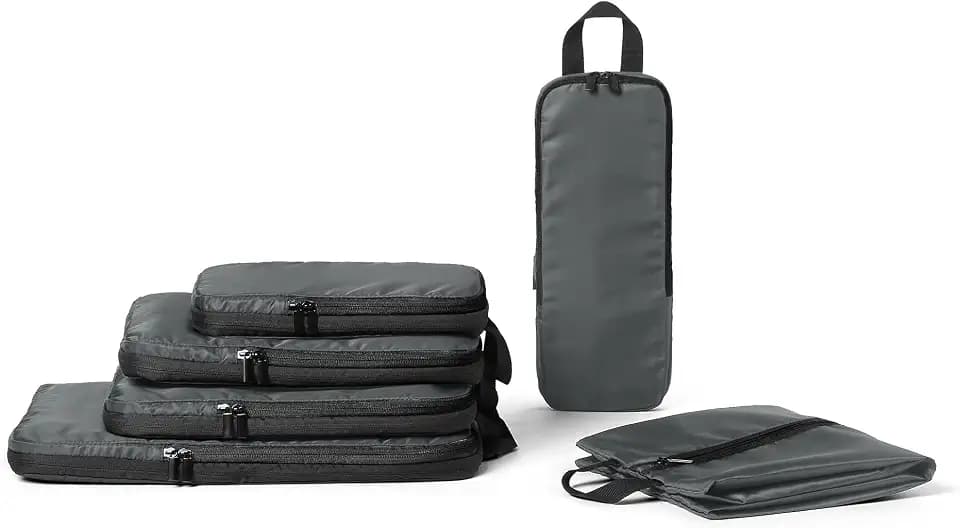 Amazon Essentials Packwürfel Kompression, Ultraleichte Organizer mit Reißverschluss, Recyceltes rPET, 6er-Pack, Grau, für Reisen