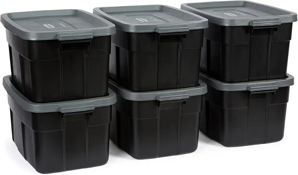 Rubbermaid Roughneck Aufbewahrungsbox, robuster Kunststoff, stapelbare Aufbewahrungsboxen mit Deckel und Griffen, schwarz-grau, 53 l, 6er-Packung