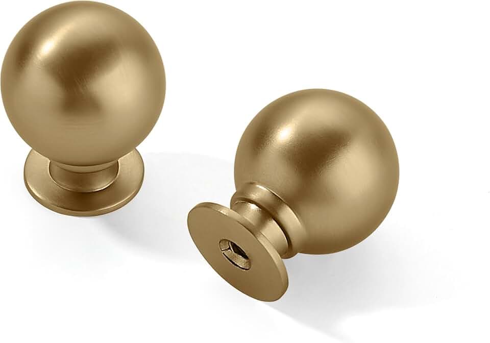 6 Pack 1 Inch Vintage Ball Brushed Brass Cabinet Knobs Kitchen Cabinet Hardware Brushed Gold Drawer Knobs Pulls for Drawers.