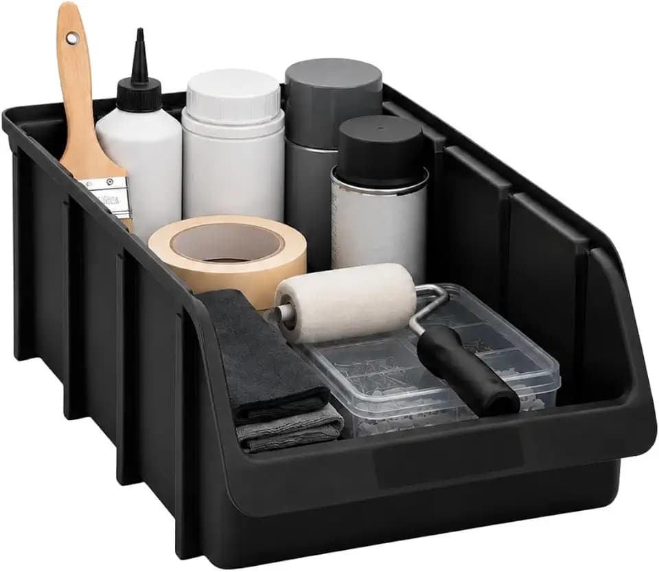 Hünersdorff 7 x Sichtbox - Stapelbox Lagerbox SET in Größe 5 - aus bruchsicherem Polypropylen (PP) - Rezyklat- ideal für Ordnungs- und Sortiersysteme, Wandplatten, Fahrregal, Werkstattregal - Schwarz