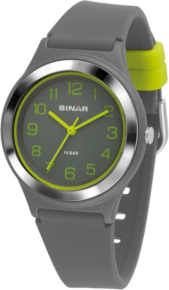 SINAR Jungen-Armbanduhr Jugend Sportuhr Fitness Analog Quarz 10 Bar wasserdicht Silikonband Grau Gelb XB-48-1