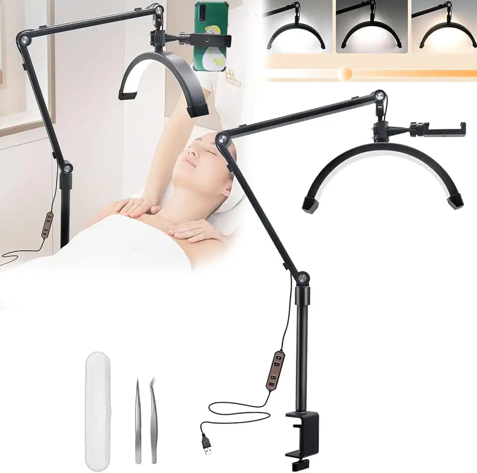 Wimpern Lampe, 10W Dimmbar Halbmondlampe 12'' 3200K-5600K LED Schreibtischclip Lamp für Wimpern mit USB Kabel C Klemme Handyhalter 2 Wimpernzangen für Vlogging Schönheitssalon Make-up Nachttischlampe