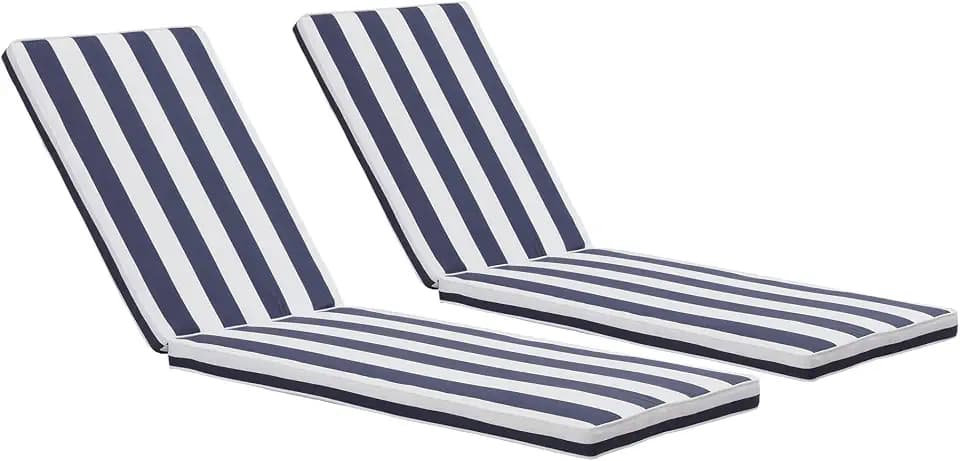 Outdoor Chaise Lounge Cushions Set of 2, 75"x22"x3" Thick Patio Chaise Cushions with Straps, Water-Resistant & Fade-Resistant Foam for Pool, Lawn Furniture-Navy Blue/Wite Striped
