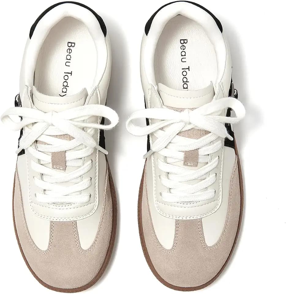 BEAU TODAY Women’s Flat Sneakers, Retro Comfortable Lace-up Fashion Sneakers for Women, Buckle Decoration Casual Leather Walking Shoes