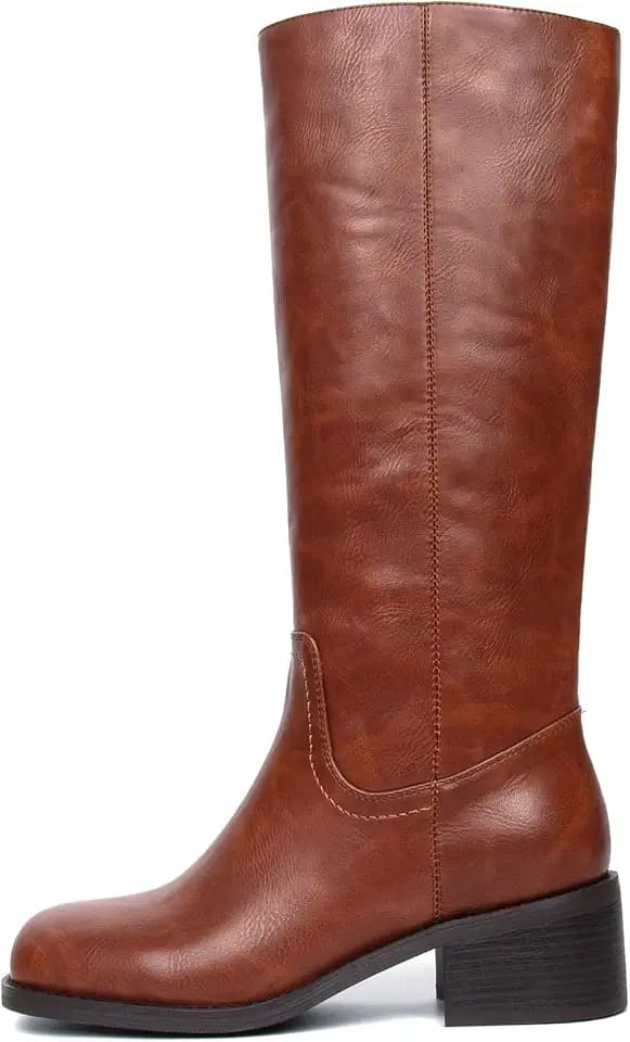 Knee High Boots Women Square Toe Chunky Block Heel Banana Campus Boot Wide Calf Comfortable Low Heel Riding Long Boots