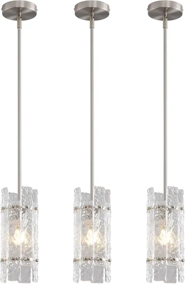 Brushed Nickel Glass Pendant Light for Kitchen Island, Luxury Mini Water Ripple Crystal Chandelier Fixture, Modern round Adjustable Hanging Pendant Lighting for Dining Room Bathroom Hallway (3-Pack)