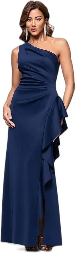 Xscape Women's Floor Length One Shoulder Ruched Waist with Ruffle Bodice Evening Dress with Side Slit