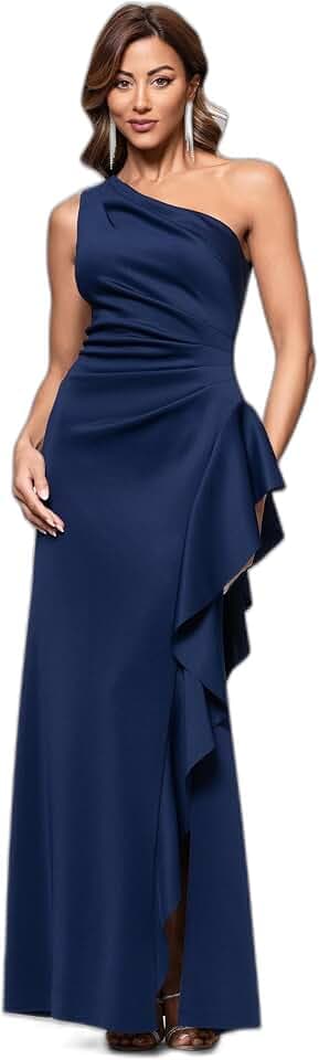 Xscape Women's Floor Length One Shoulder Ruched Waist with Ruffle Bodice Evening Dress with Side Slit