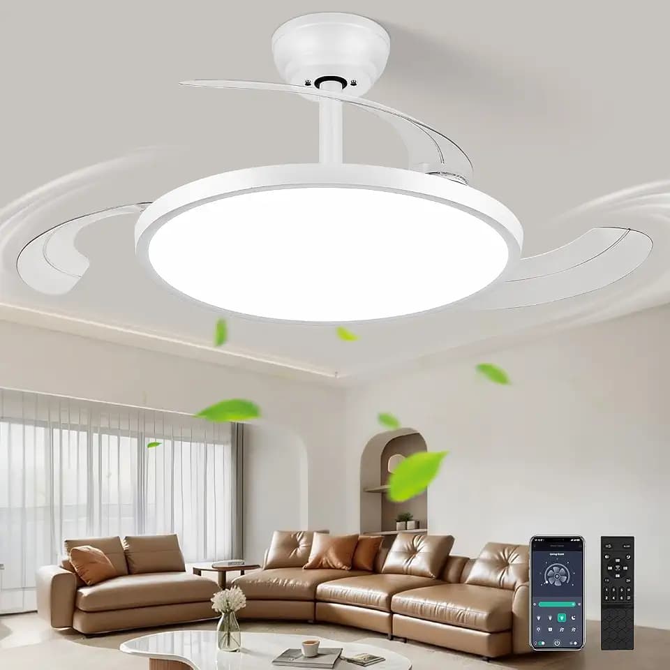 48" Modern Retractable Ceiling Fan with Light, White Fandelier