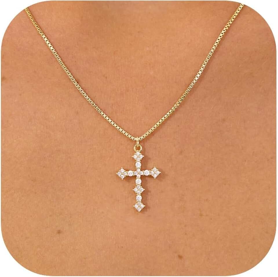 Cross Necklace for Women - 14K Gold/White Gold Plated Simple Dainty Diamond Cross Pendant Necklace with Cubic Zirconia Jewelry Gift For Her