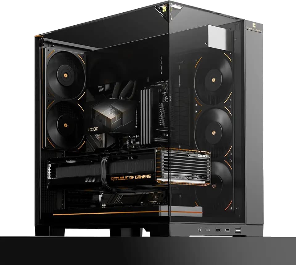 TR A70 ATX Gaming-Gehäuse mit dreiseitigem säulenlosem Panoramaglas-Panel, USB-C-Anschluss, Midi-Tower PC-Gehäuse, werkzeuglos schnell lösbarer vertikaler GPU-Halter mit Fallschutzdesign, Schwarz.