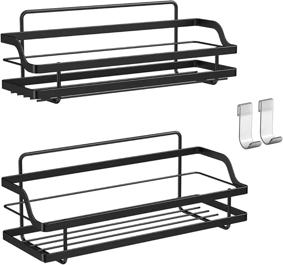 ALOCEO Dusch-Caddy ohne Bohren 2 Pack, Klebe Dusche Organizer Aufbewahrung, Rostfreies Badzubehör Duschregal mit 2 Haken, Schwarz