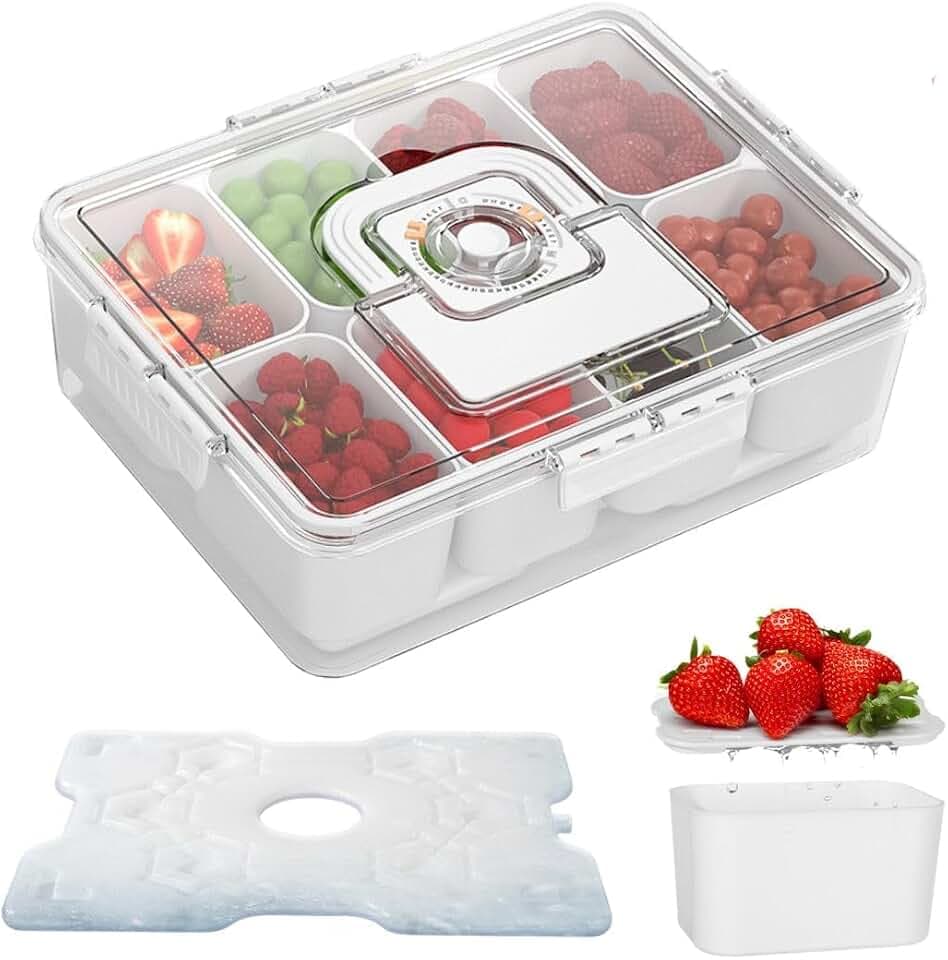 Snackle Box Container with Reusable Ice Pack, 8-Compartment Divided Serving Tray with Lid & Handle, Cooling Charcuterie Snack Box Organizer for Travel, Outdoor Parties, Beach & Picnic