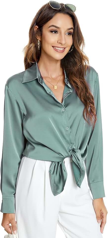Atnlewhi Damen Bluse Langarm Knöpfen Satin Seide Hemden Basic Kent Kragen Arbeit Büro Formelle Casual Blusen Shirt