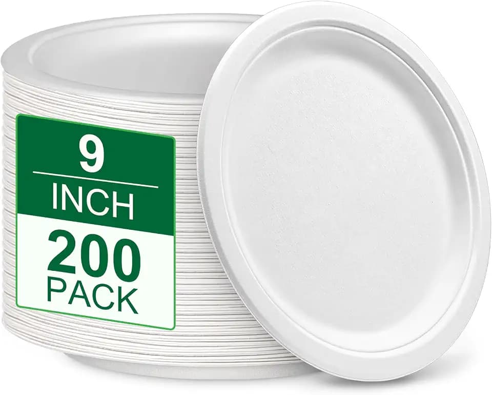 9 inch Disposable Paper Plates 200 Pack, White Compostable Plates