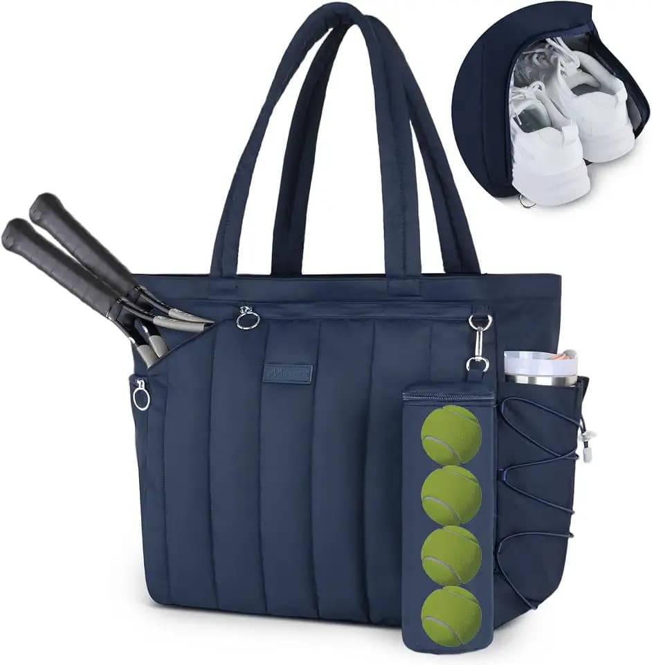 Quilted Tennis Tote Bag for Women Gym Duffle Bag with Shoe Compartment & Wet Pocket Fits 2-4 Rackets and 15.6" Laptop Overnight Weekend Sports Bag with Fence Hook(Large size)