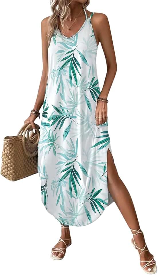 Chicrise Sommerkleid Damen Spaghetti Lang Sommer Ärmellos Maxikleid V Ausschnitt Trägerkleid