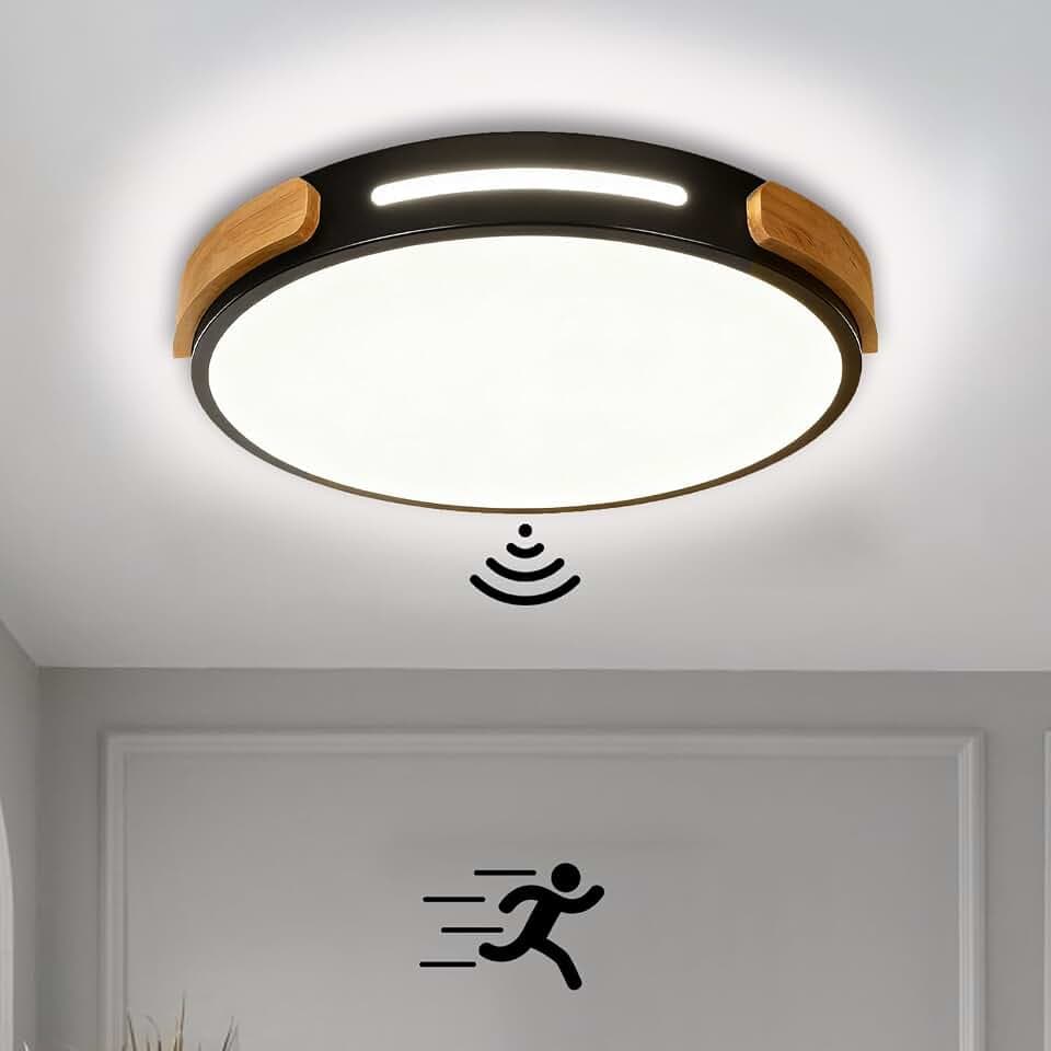 LED Holz Deckenleuchte mit Bewegungsmelder Innen Sensorlampe Modern Runden Deckenlampe mit Tageslichtsensor Decke Lampe für Flur Korridor Treppe Wohnzimmer Balkon Küche Veranda Büro (Schwarz,30cm)