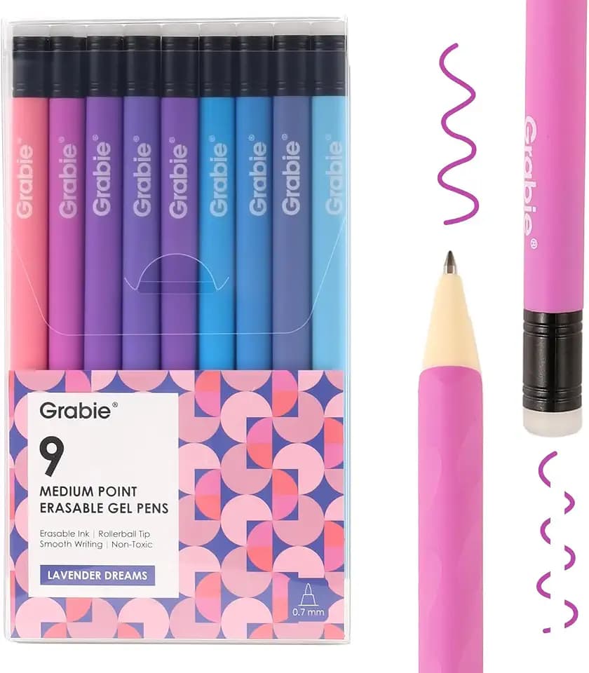 Grabie Erasable Gel Pens, 9 Color 0.7 mm Medium Point, Lavender Dreams