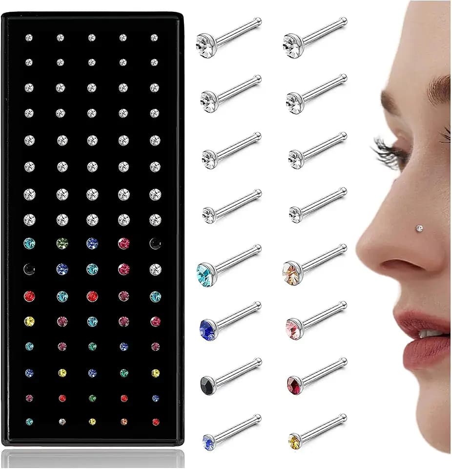 LOLIAS 80-160Pcs Surgical Steel Nose Rings Studs for Women Hypoallergenic