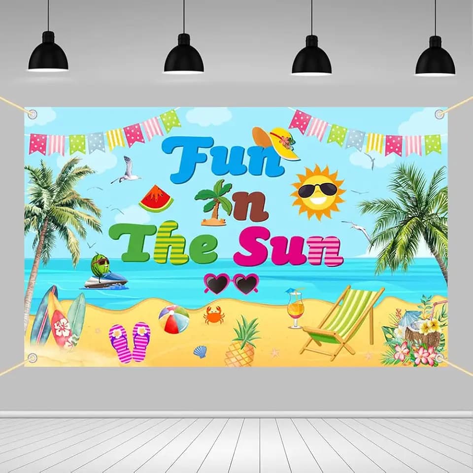 AIBIIN Fun in The Sun Banner Backdrop Summer Hawaiian Beach Birthday Photography Background Sun Tropical Watermelon Plam Baby Shower Birthday Party Decorations Banner Photo Booth 70.8 x 43.3 inch