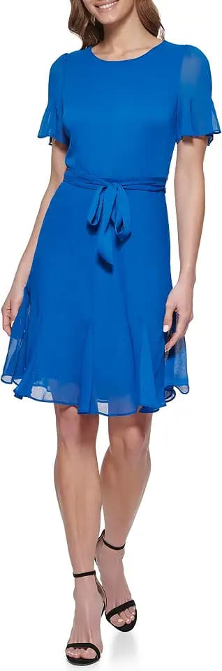 DKNY Women's Double Ruffle Sleeve Fit and Flare Dress